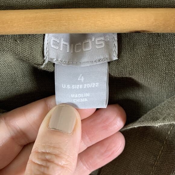Chicos Linen Blend Button Top Sz S Olive Green Coastal Beachy Travel Safari - Picture 9 of 12